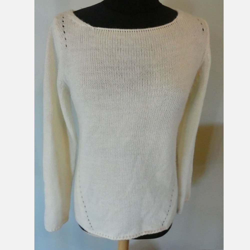 Bianca B Knit Sweater Crochet Lace Back Ivory Hi-low Hem Made In Italy